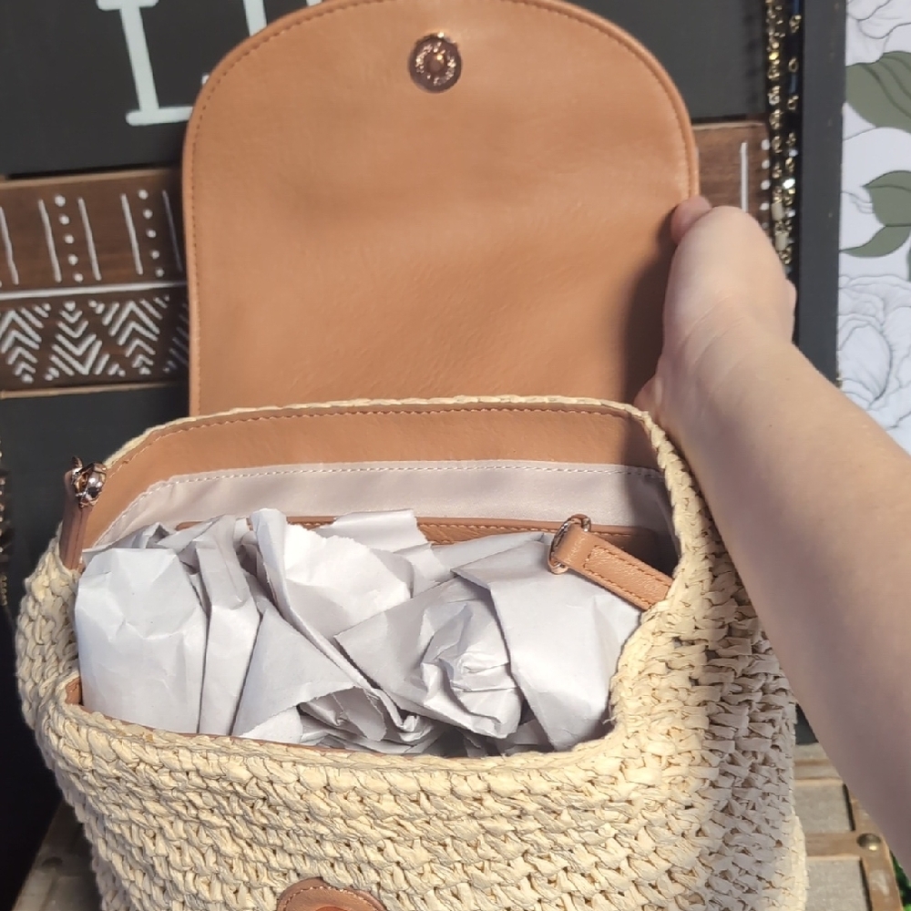Top Handle Woven Backpack In Camel & Cashew With Rose Gold Details By LC - Picture 12 of 15